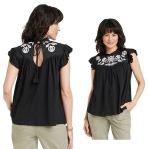 Flutter Sleeve Embroidered Black White Knox Rose Fairy Blouse Size XS